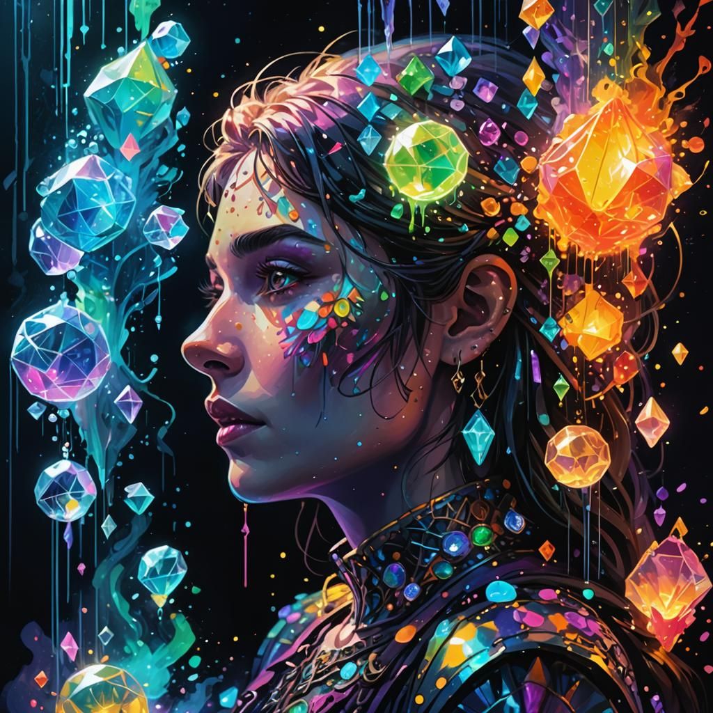 Iridescent Jewels and Glowing Orbs in Neon Splatter Art