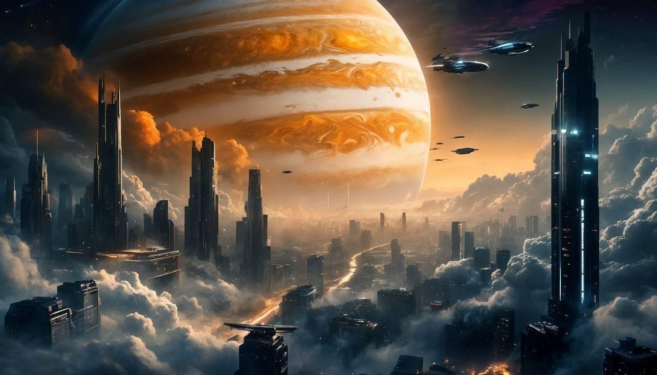 Futuristic Jupiter Cityscape at Twilight in Steampunk Style