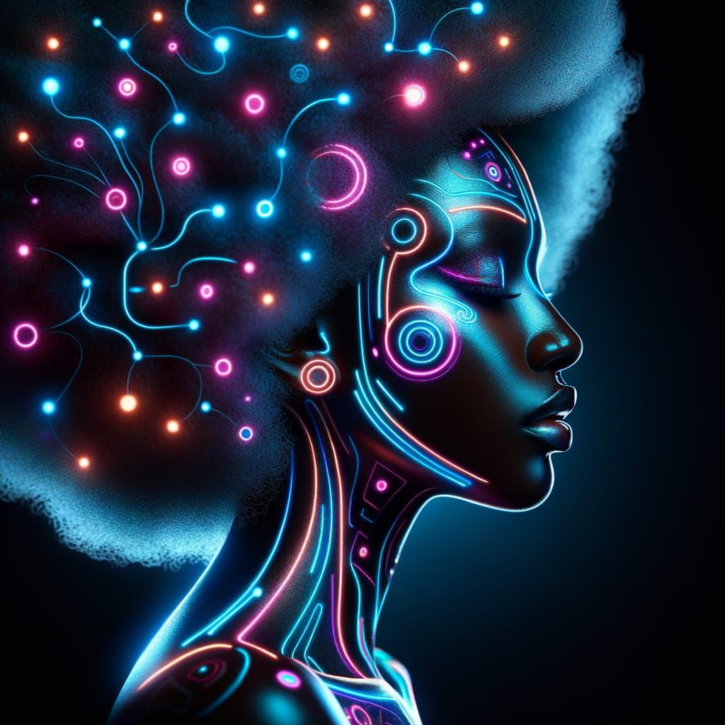 Glowing Futuristic Woman with Metallic Skin and Neon Afro