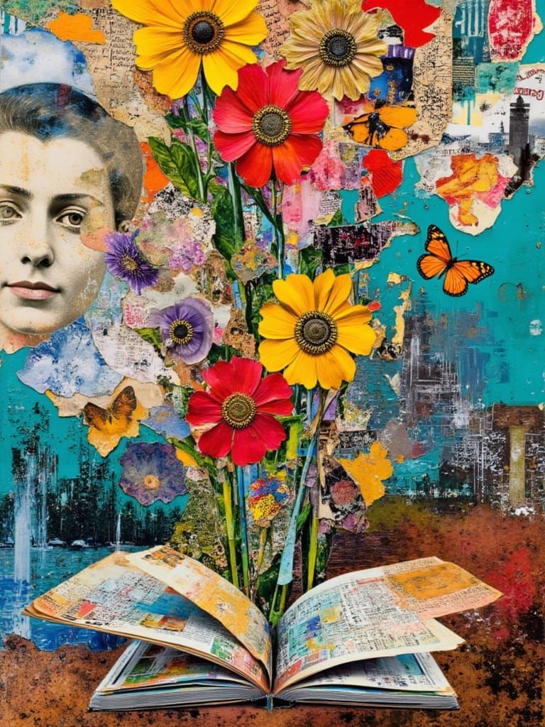 Vibrant Paper Collage of an Open Storybook Garden