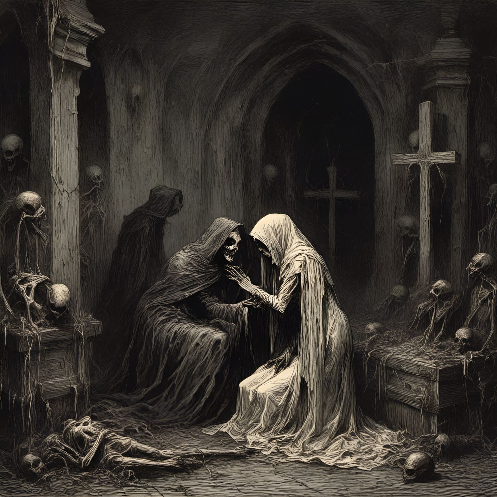 Macabre Zombie Nun Kissed by Death in Crypt