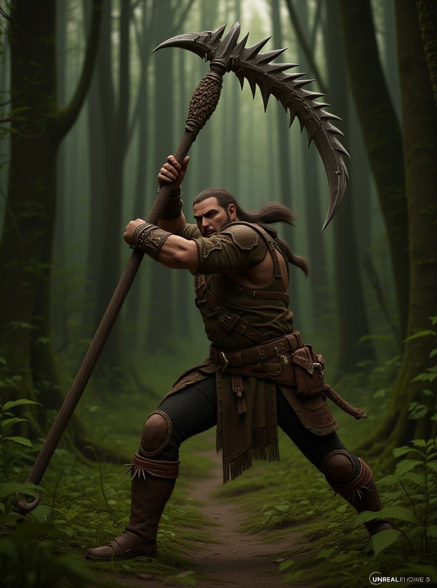 Earthy Warrior Swinging Thorny Staff in Mystical Woods