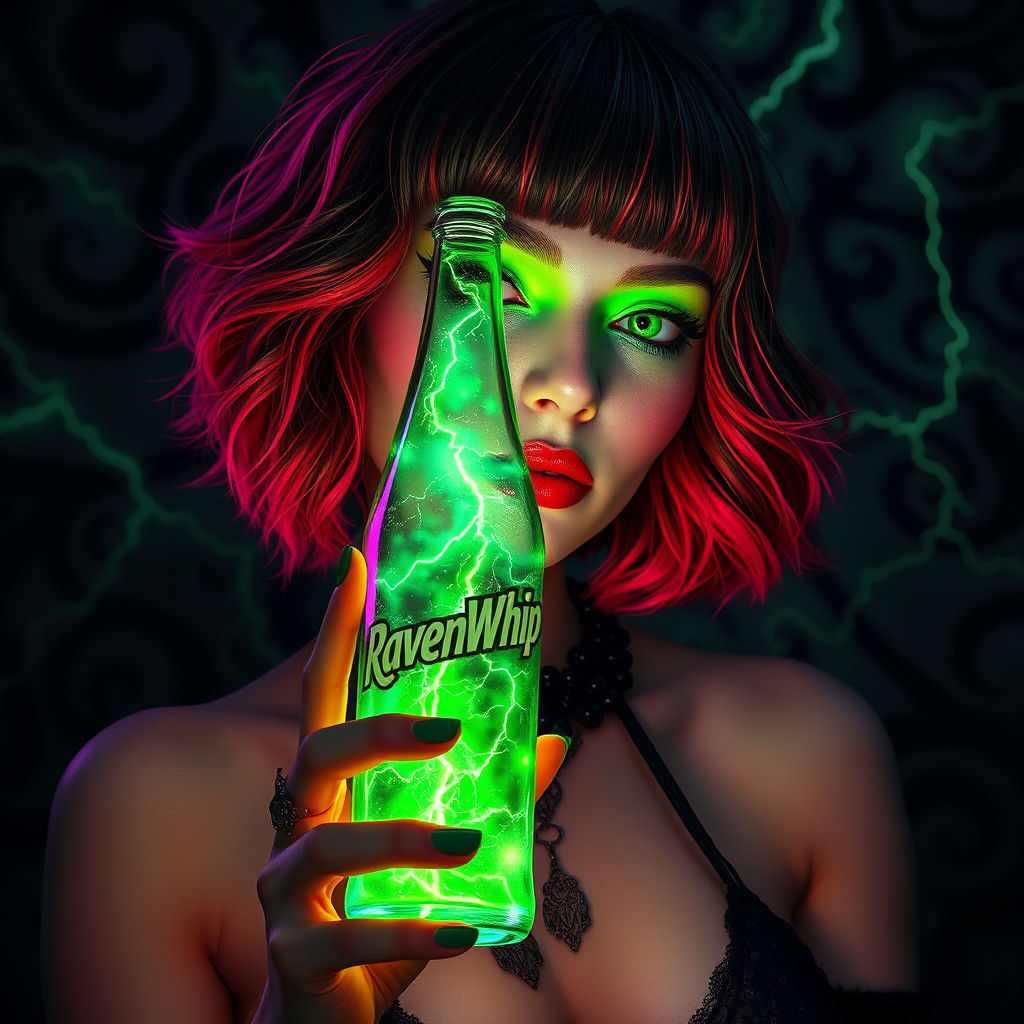 Punk Beauty Holds Cola Bottle with Thunderstorm