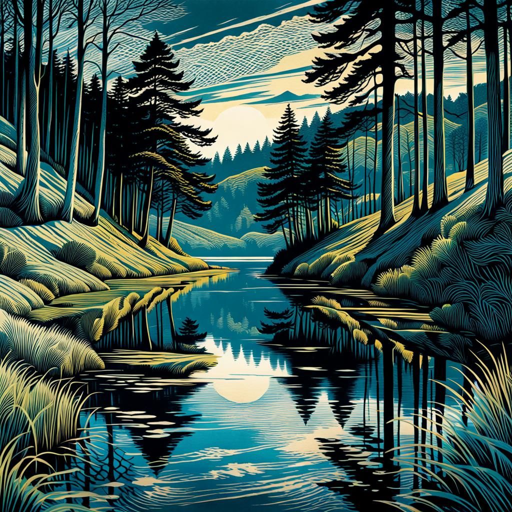 Landscape Reflected in Lake: Wood Engraving