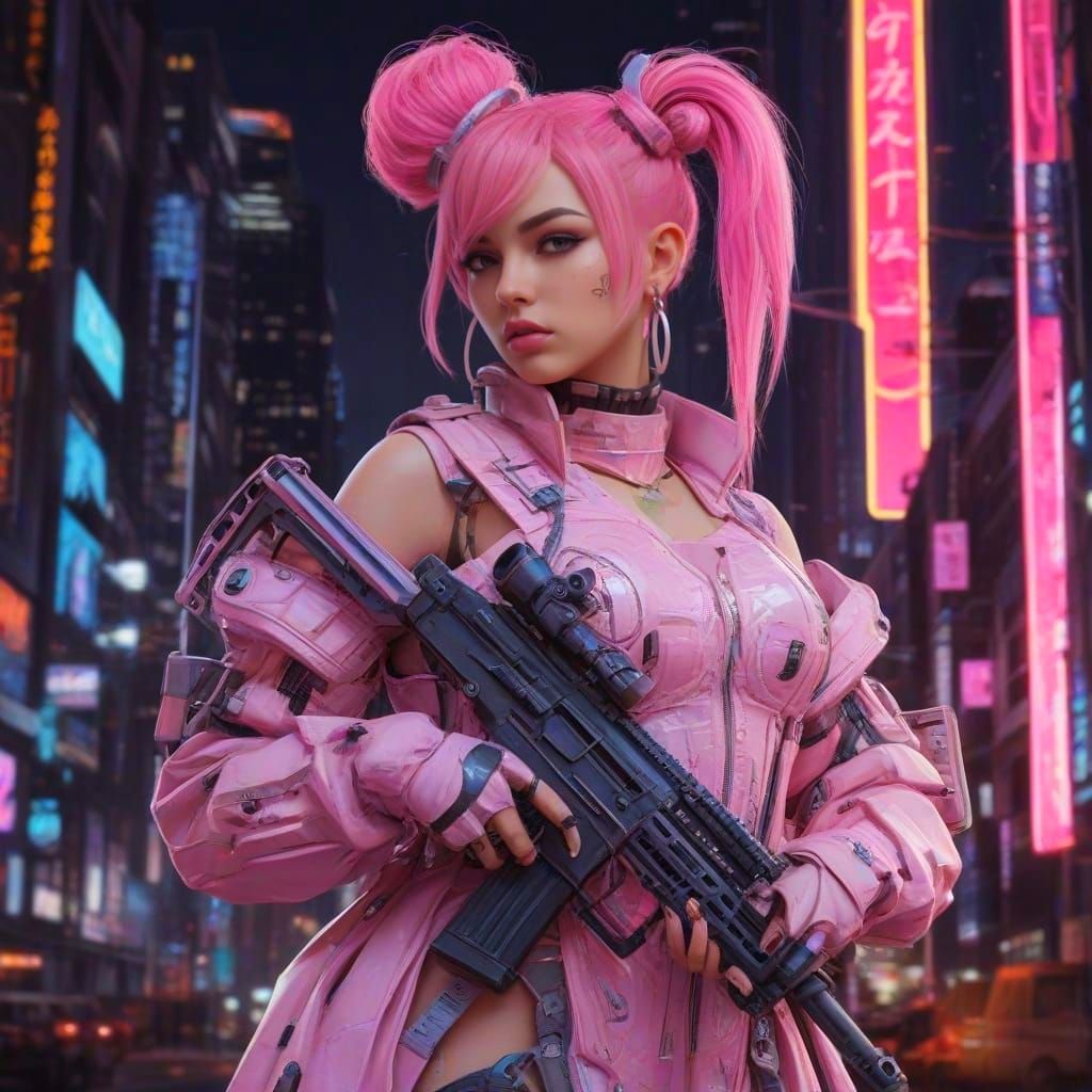 Cyberpunk Female Gun Runner in Pastel Pink