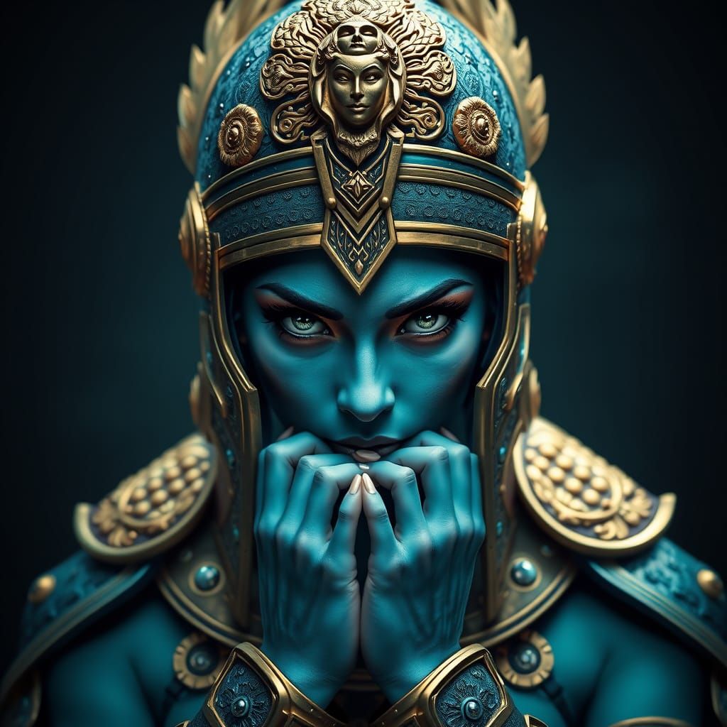 Teal-Skinned Warrior Queen in Ornate Armor