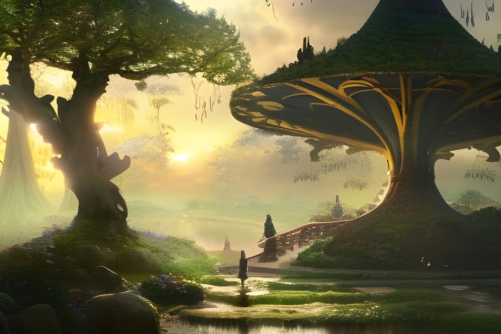 Fantasy Elven Village at Sunrise: Digital Art