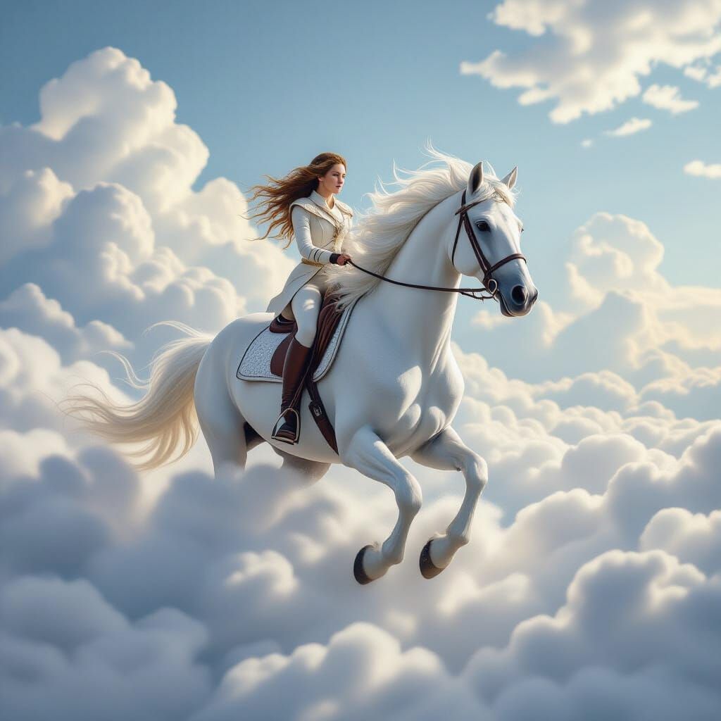 Cloud Mane Horse Rider in Dreamlike Landscape