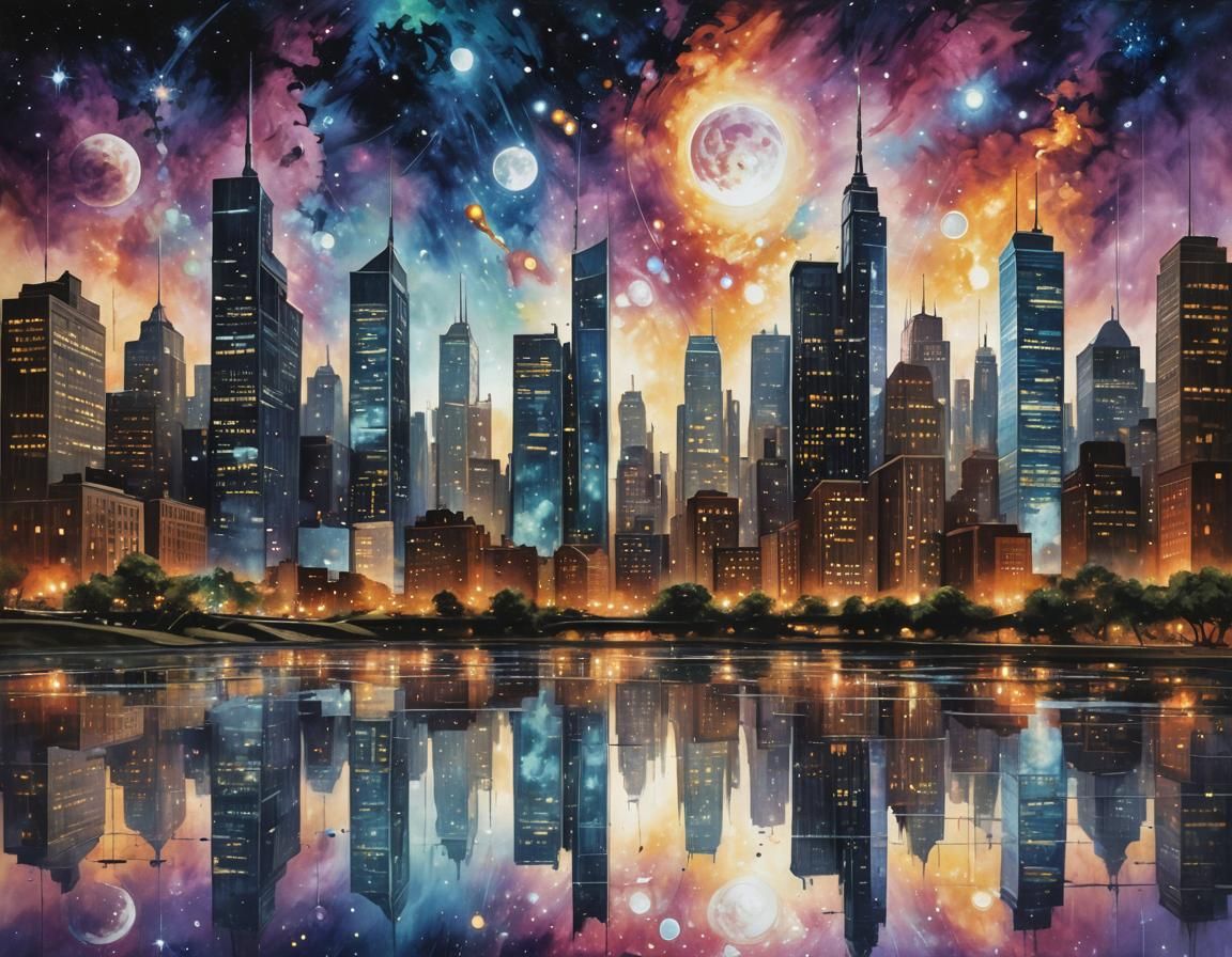 Cosmic Cityscape Reflection: Lyrical Digital Masterpiece