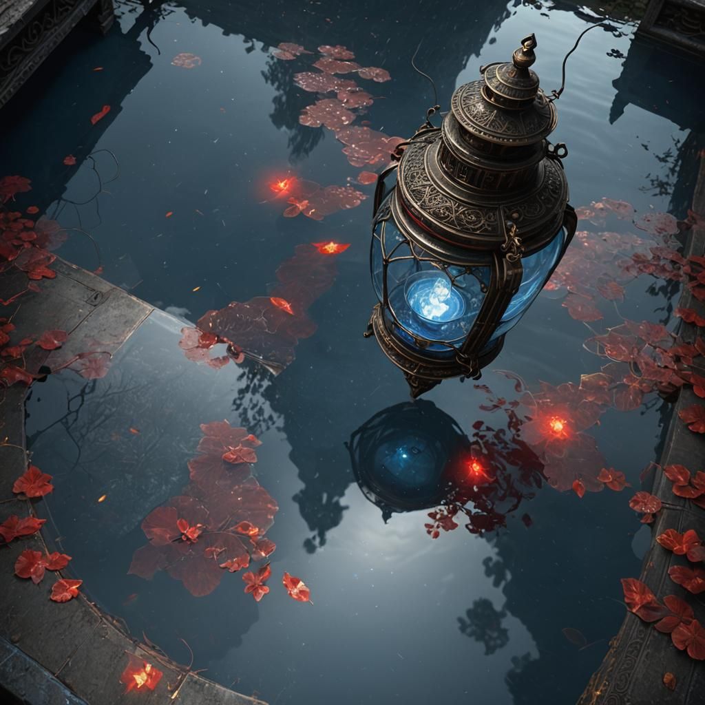 Ancient Blue Lantern Reflecting Red Light