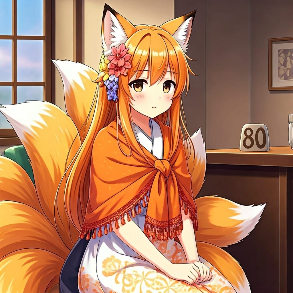 Anime Fox Girl with Seven Tails and Flowers