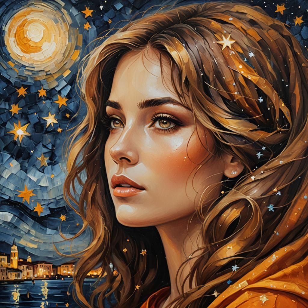 Girl Gazing at Starry Night Sky in Oil Painting