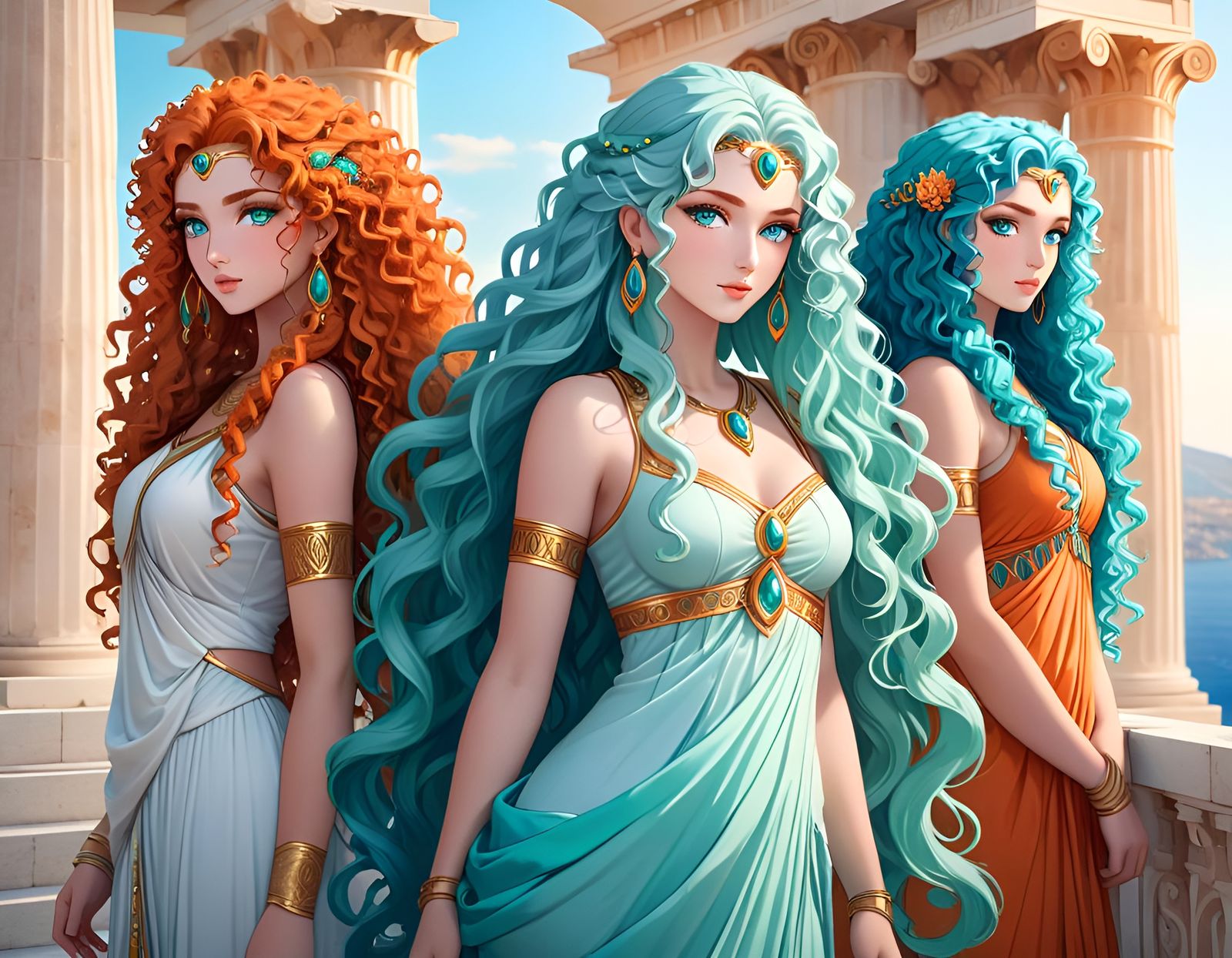 Three Beautiful Women in Ancient Greece Style