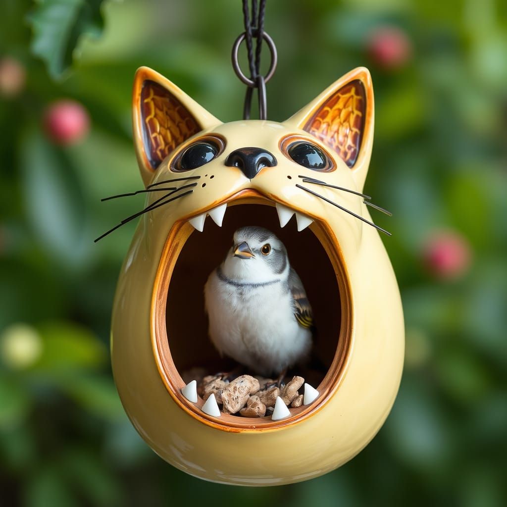 Cat Mouth Birdhouse with Birds