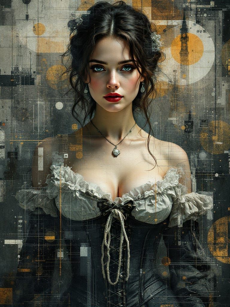 Renaissance Pin-Up Woman in Glitched Blueprint Style