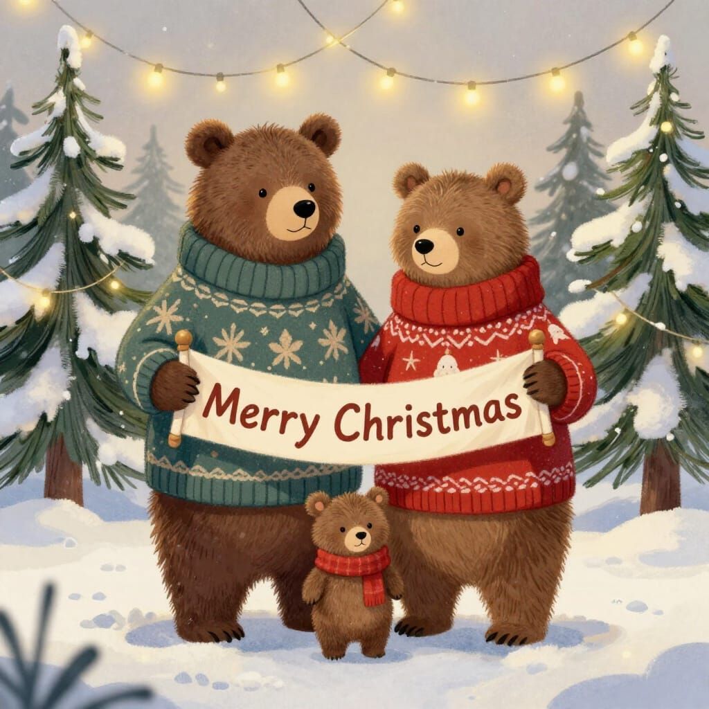Charming Bear Family Christmas Card Illustration