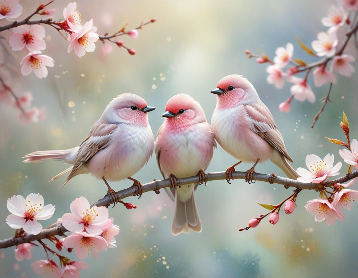 Delicate Pink Birds Amidst Whimsical Cherry Blossoms in Wate...