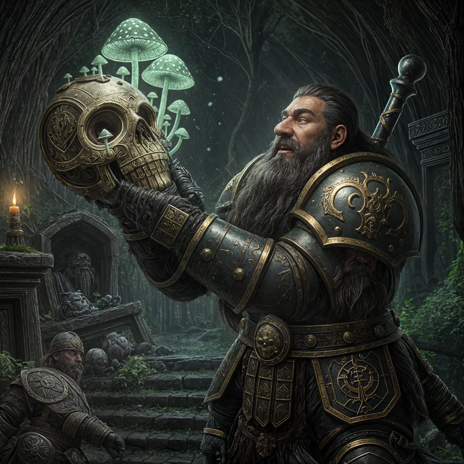 Dwarf Warrior Finds Glowing Mushrooms in Skull