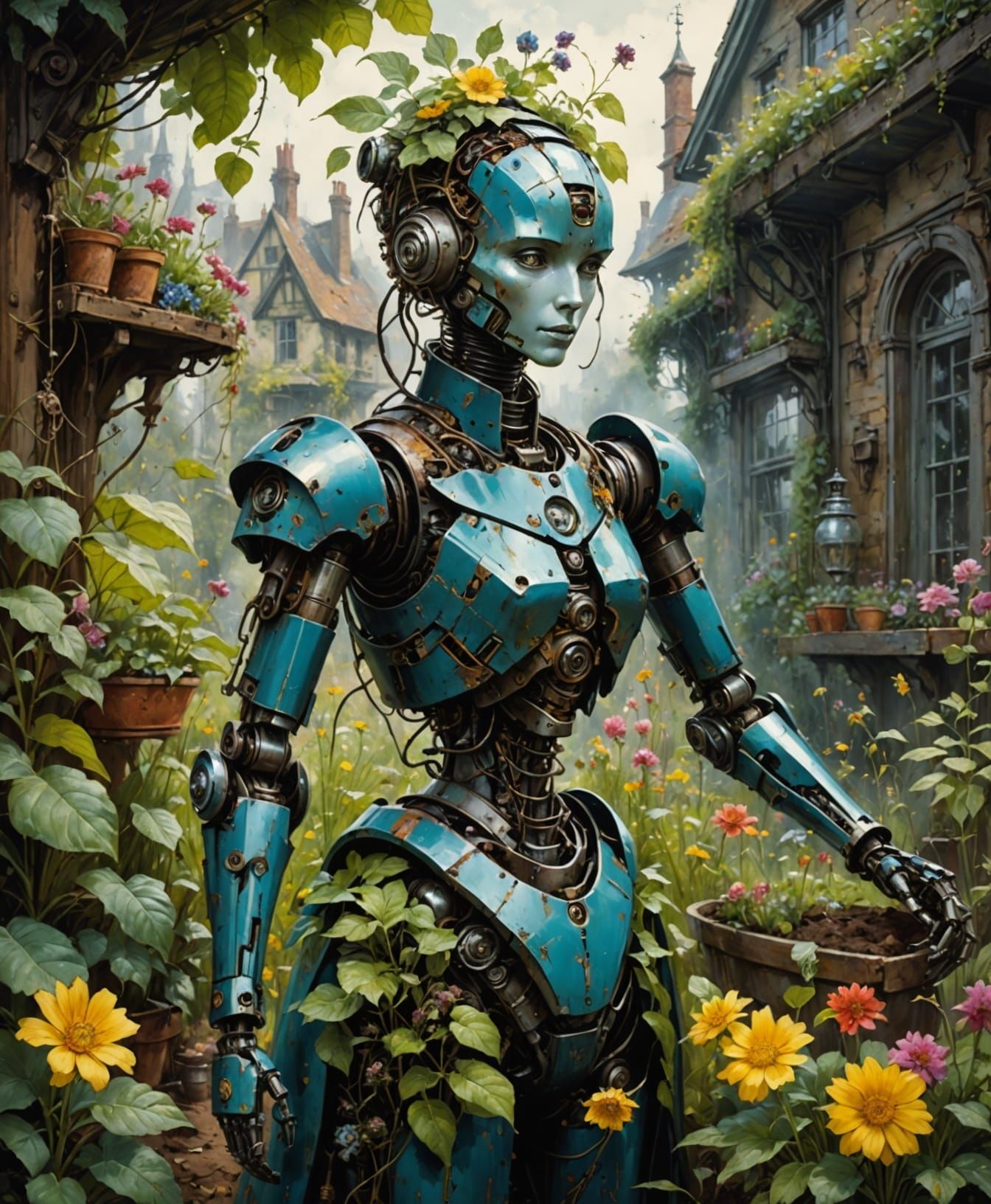 Victorian Steampunk Robot Tending an Enchanted Garden