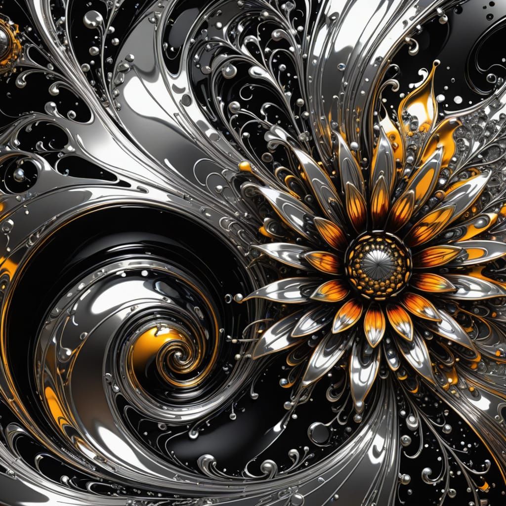 Abstract Liquid Metal Floral Fractal Digital Art