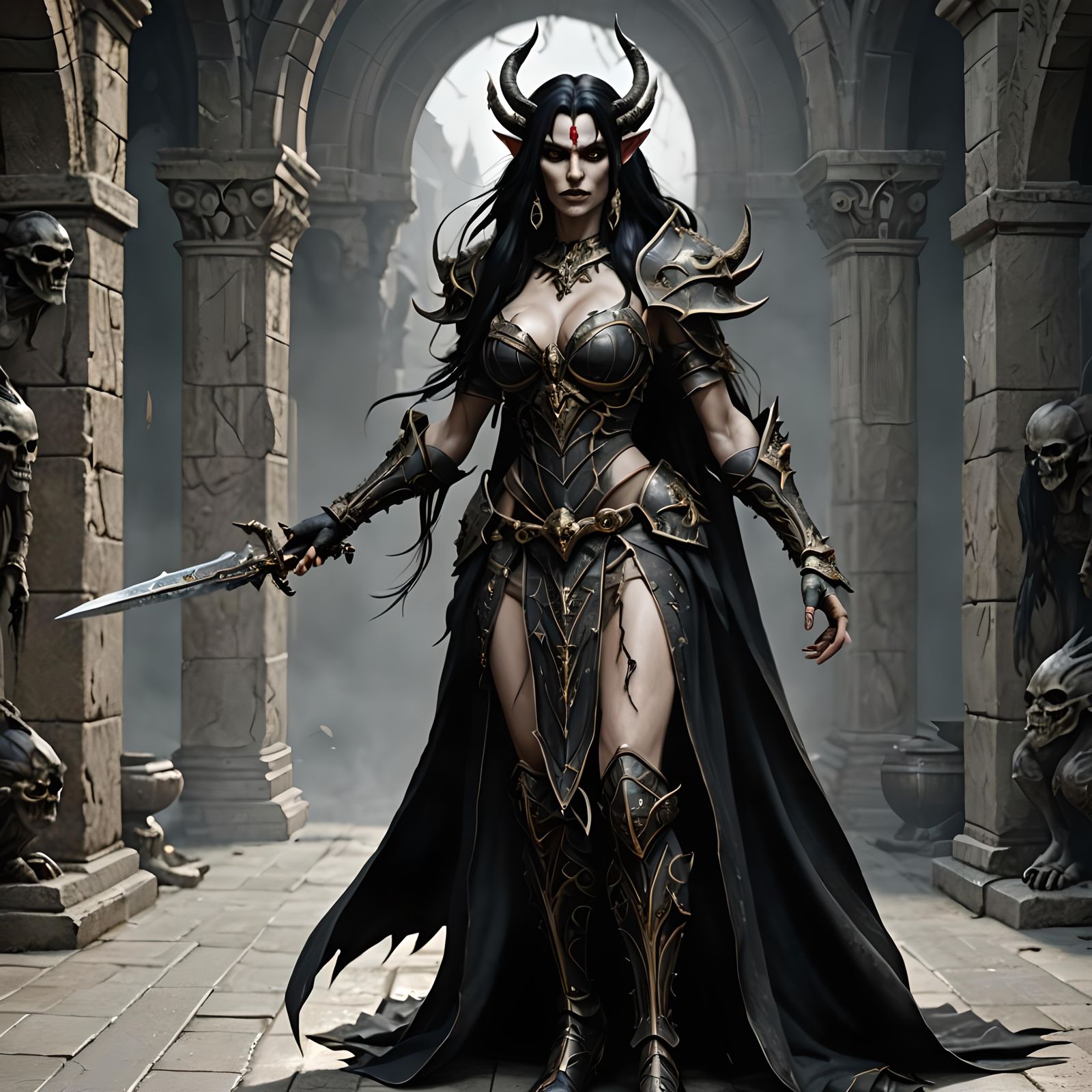 Photorealistic image of Morathi the Dark Elf queen from Warh...
