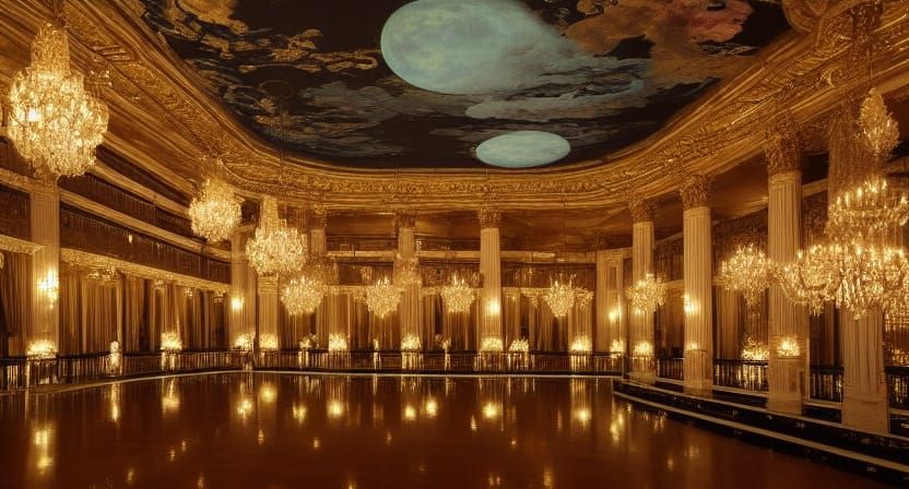 Gilded Ballroom Overlooking Moonlit Forest