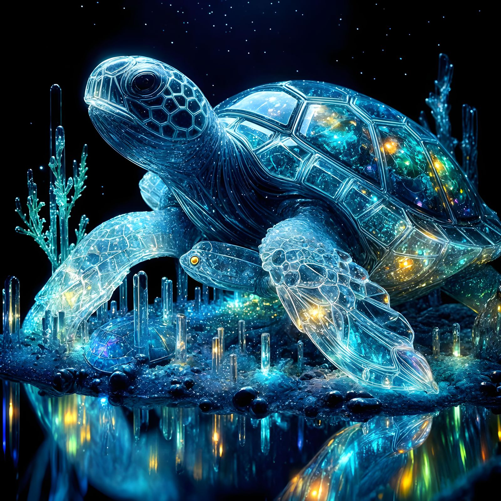 Crystal Turtle with Bioluminescent Plants in Opalescent Glas...