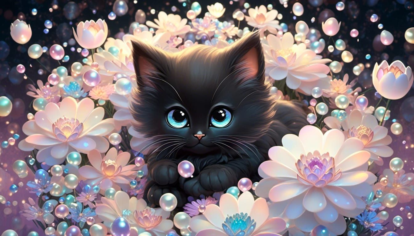 <lora:Pearls and nacre 2:1.0>  Adorable fluffy black Chibi k...