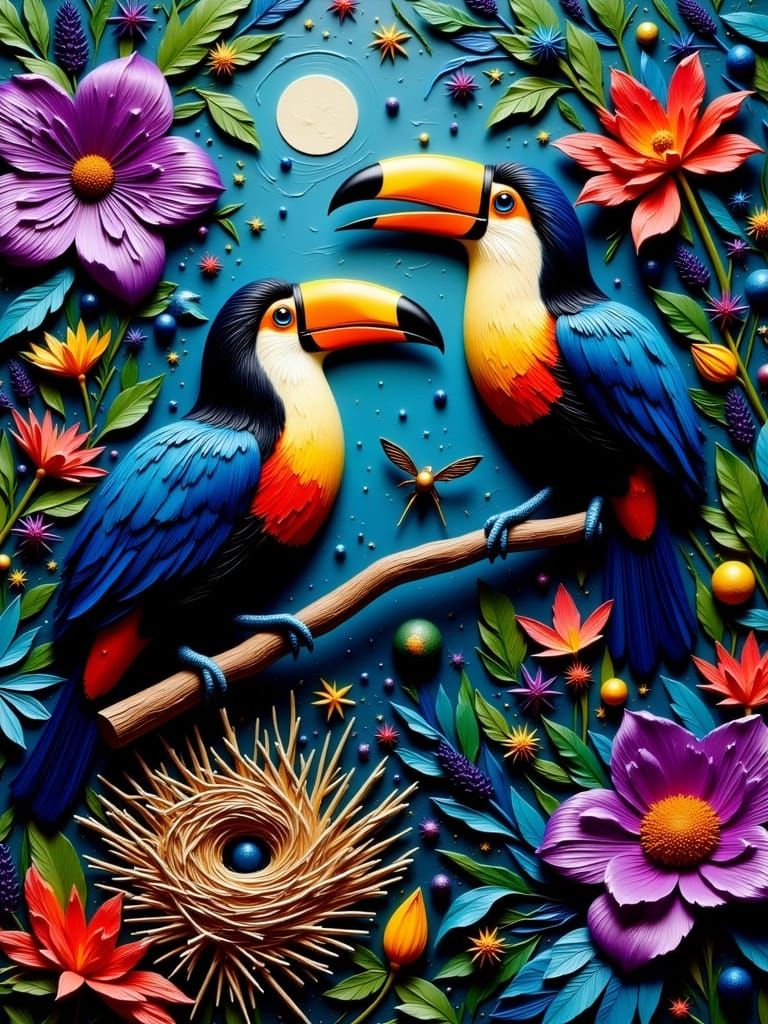 Whimsical Jungle Scene with Vibrant Toucans in Impasto Style