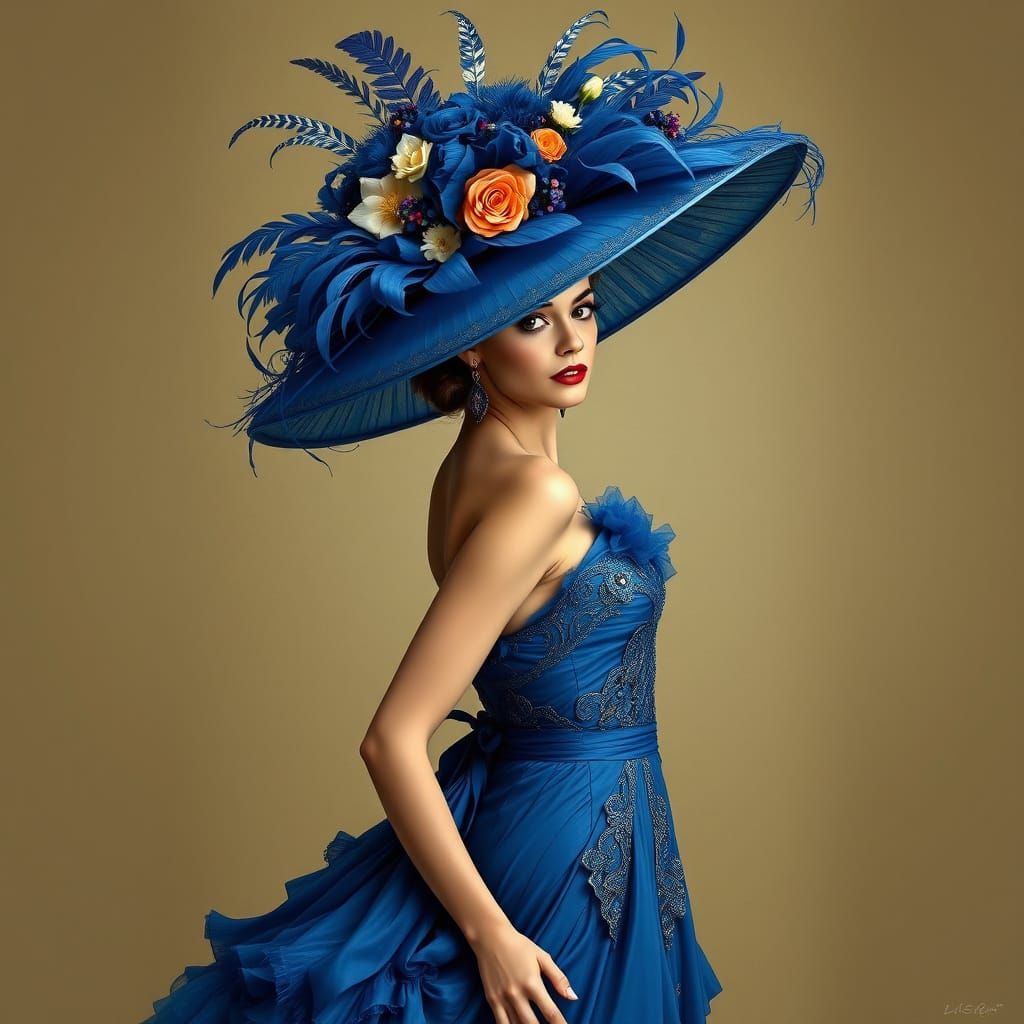 Elegant Woman in Blue Hat, Art Nouveau Style