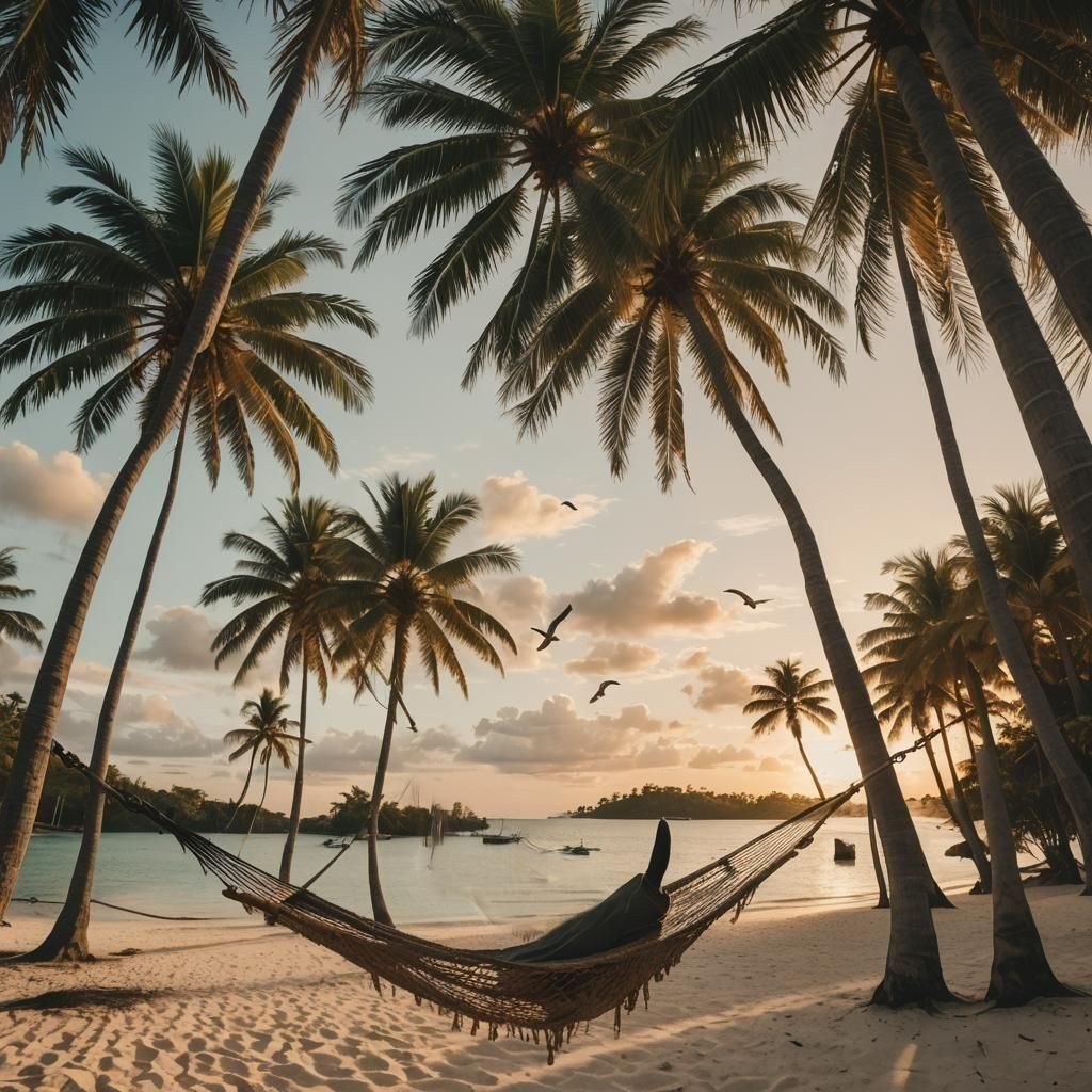 Sunset Hammock Between Palm Trees on Tropical Island