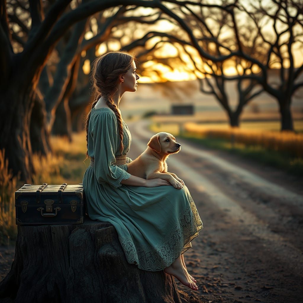 A Young Woman Contemplates Nature in a Golden Hour Scene