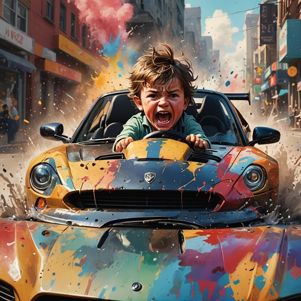 Child Driver in Hyperrealistic Splash Art Sports Car