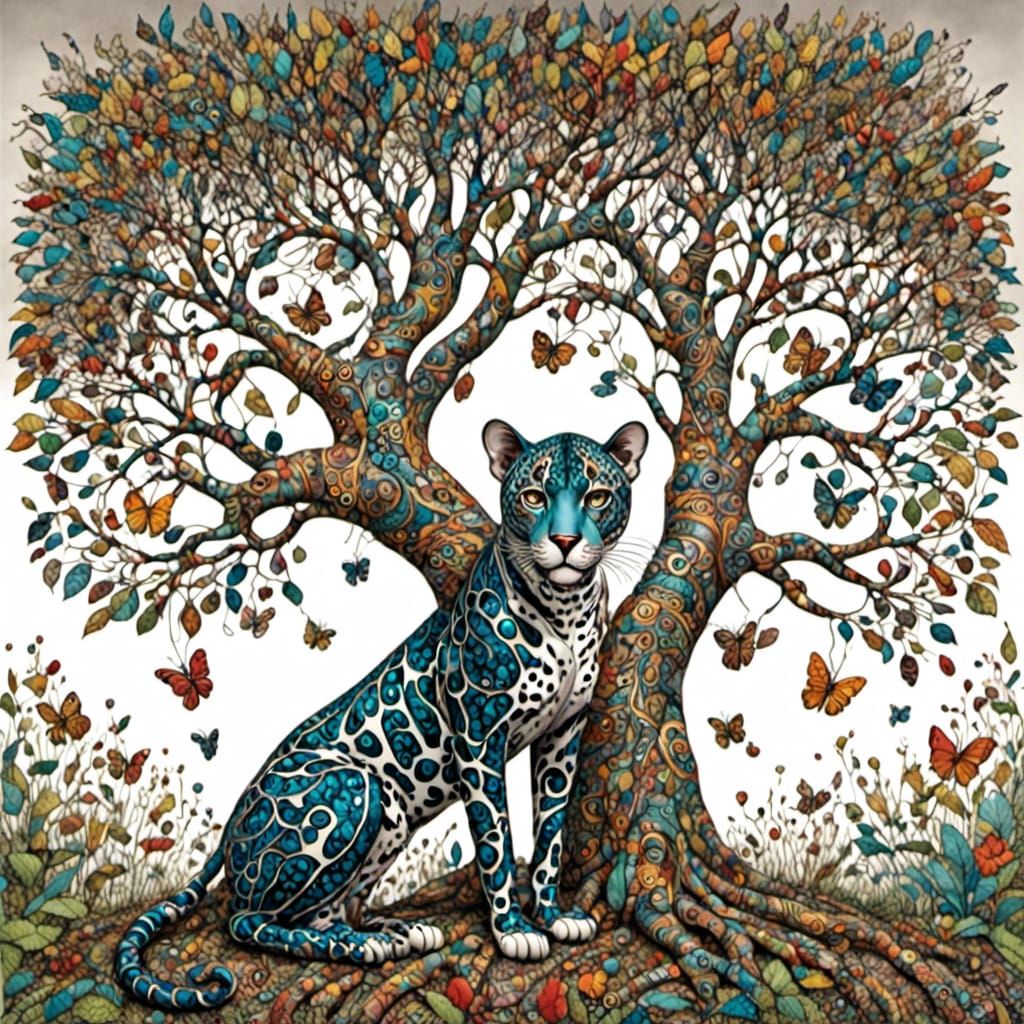 Jaguar in Zentangle Style Under a Tree
