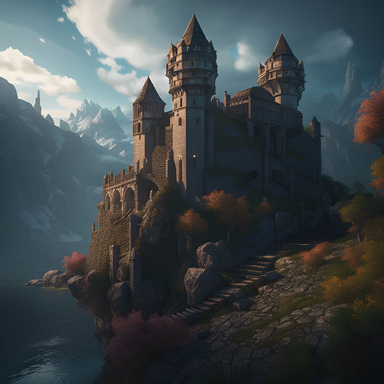 Dark Fantasy Castle Ruins Overlooking Lake