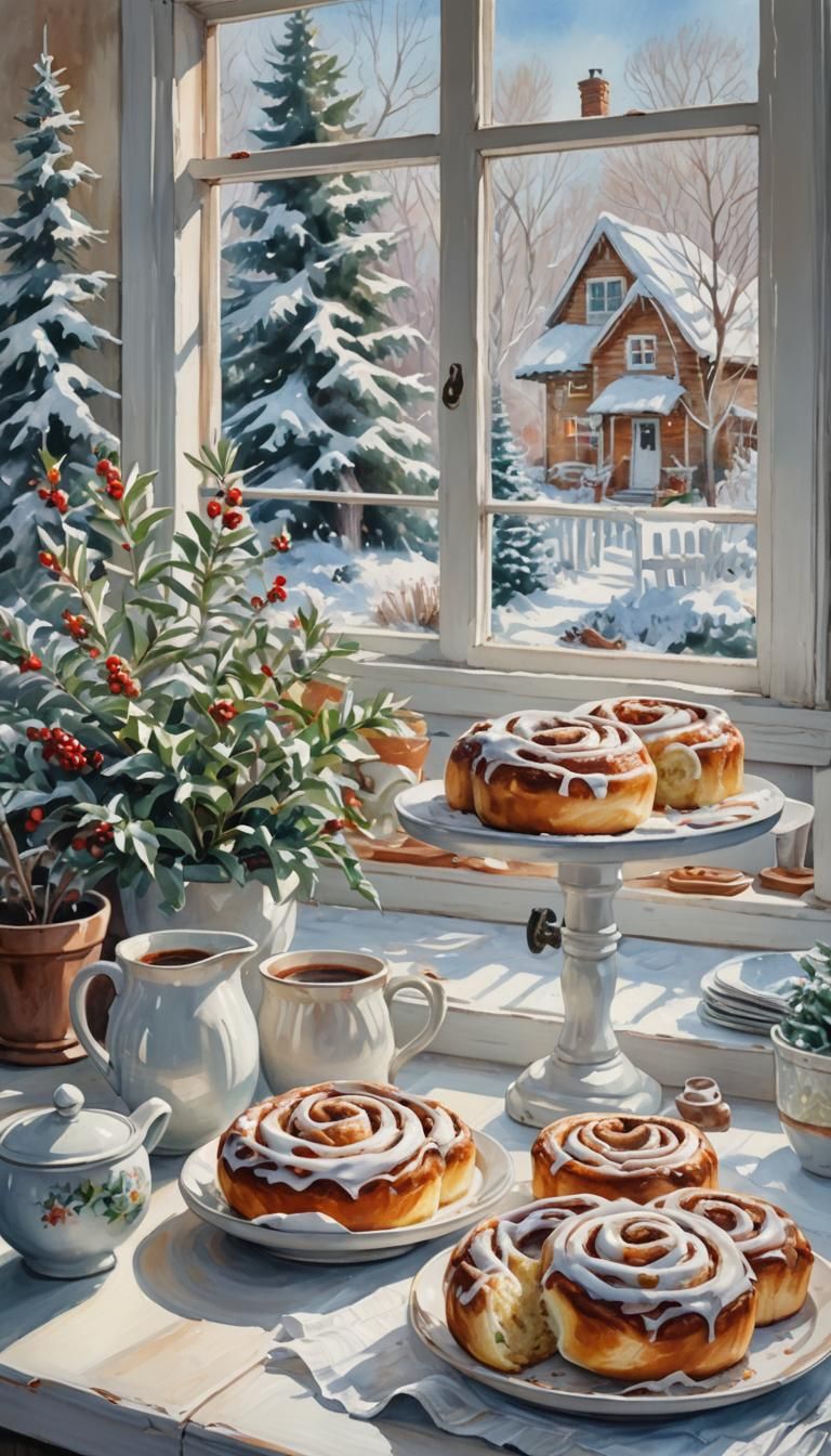 Winter Cottage Kitchen with Cinnamon Rolls in Gouache Style