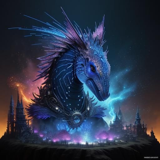 Fiery Steampunk Creature Over City Library