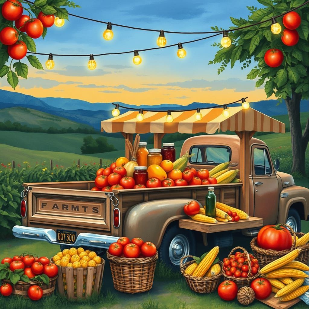 Watercolor Farmstand at Dusk with Vintage Truck