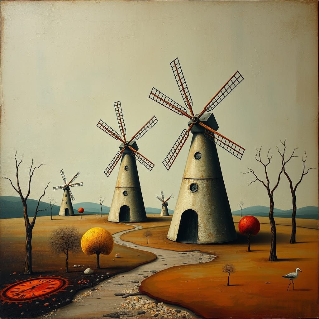 Surreal Windmills in a Dreamlike Landscape