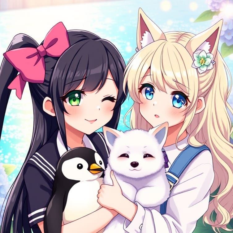 Two Anime Girls with Magical Friends in Manga Style