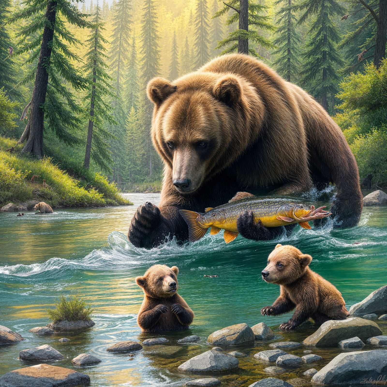 Mother Grizzly Bear Fishing with Cubs by the Stream