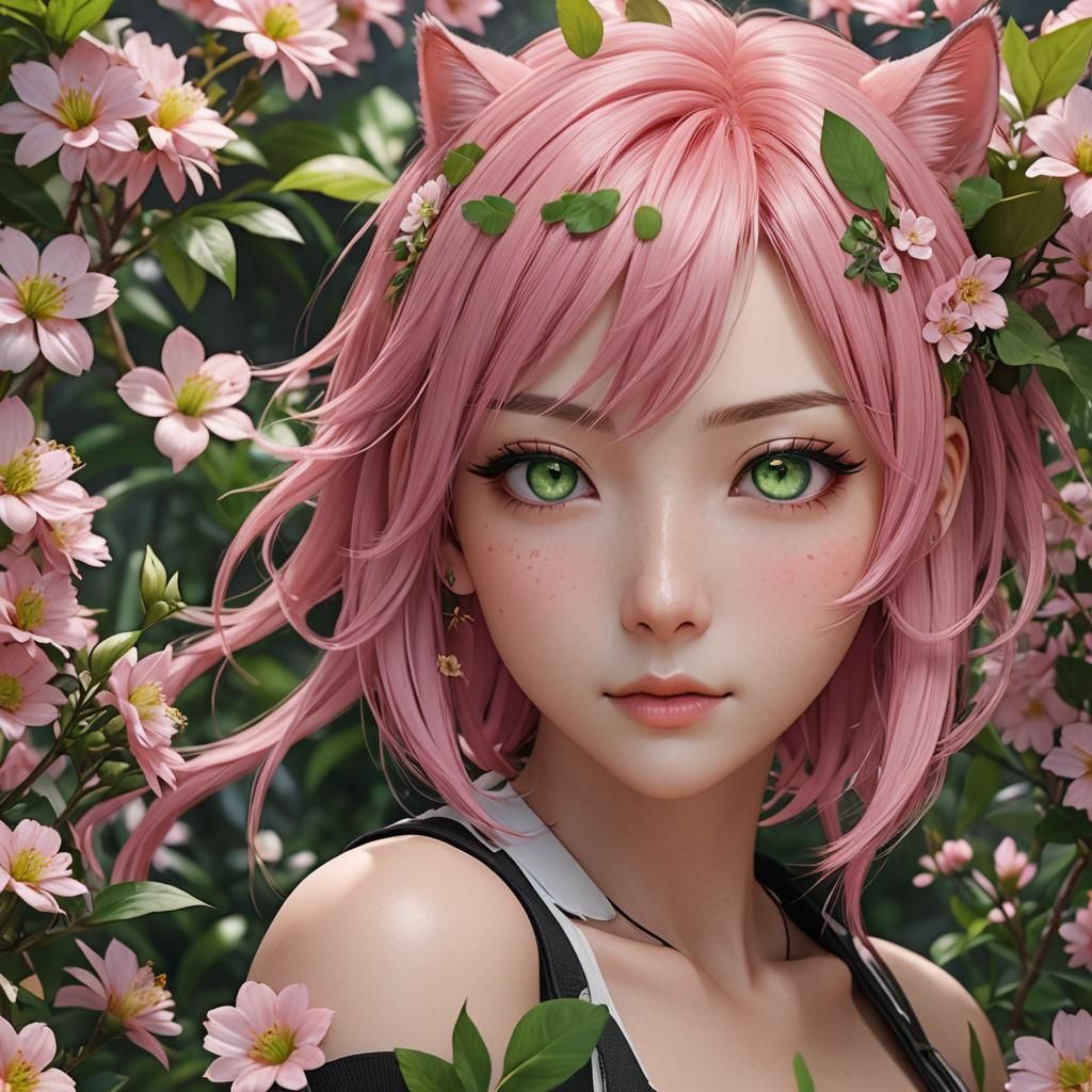 Anime Neko Girl with Pink Hair and Green Eyes