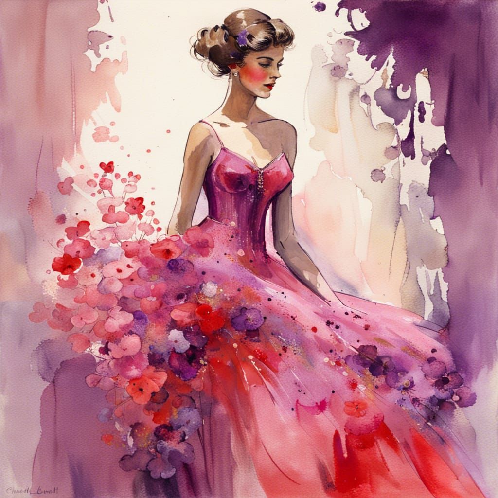 Beautiful Girl in Red Dress: Gouache Painting