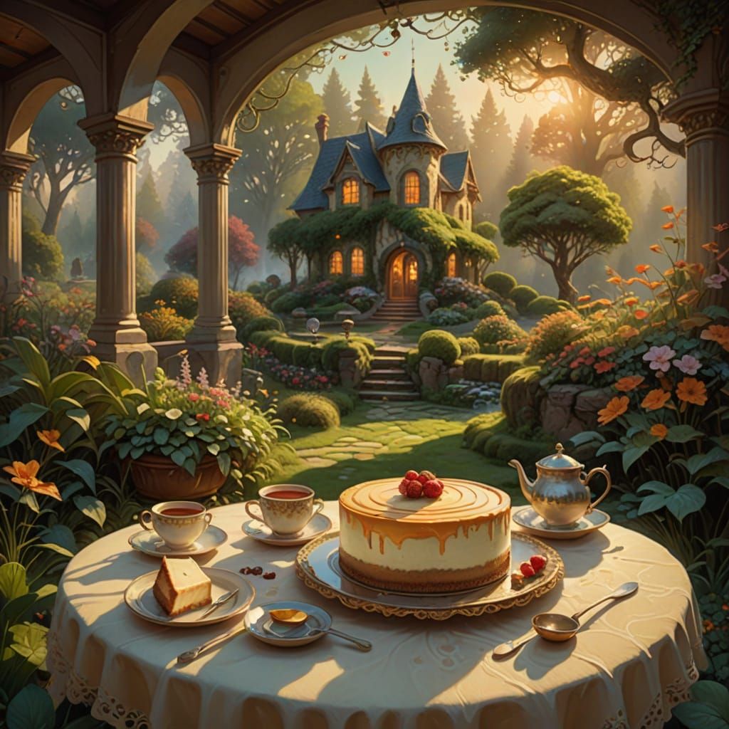 Whimsical Garden Tea Party Scene in a Thomas Kinkade-Inspire...