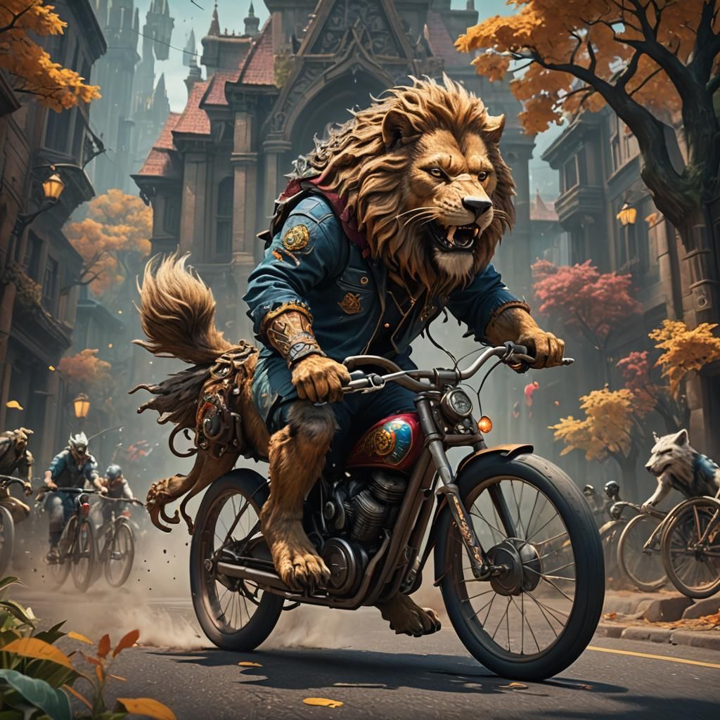 Wolf Lion Rides Bike: Detailed Matte Painting