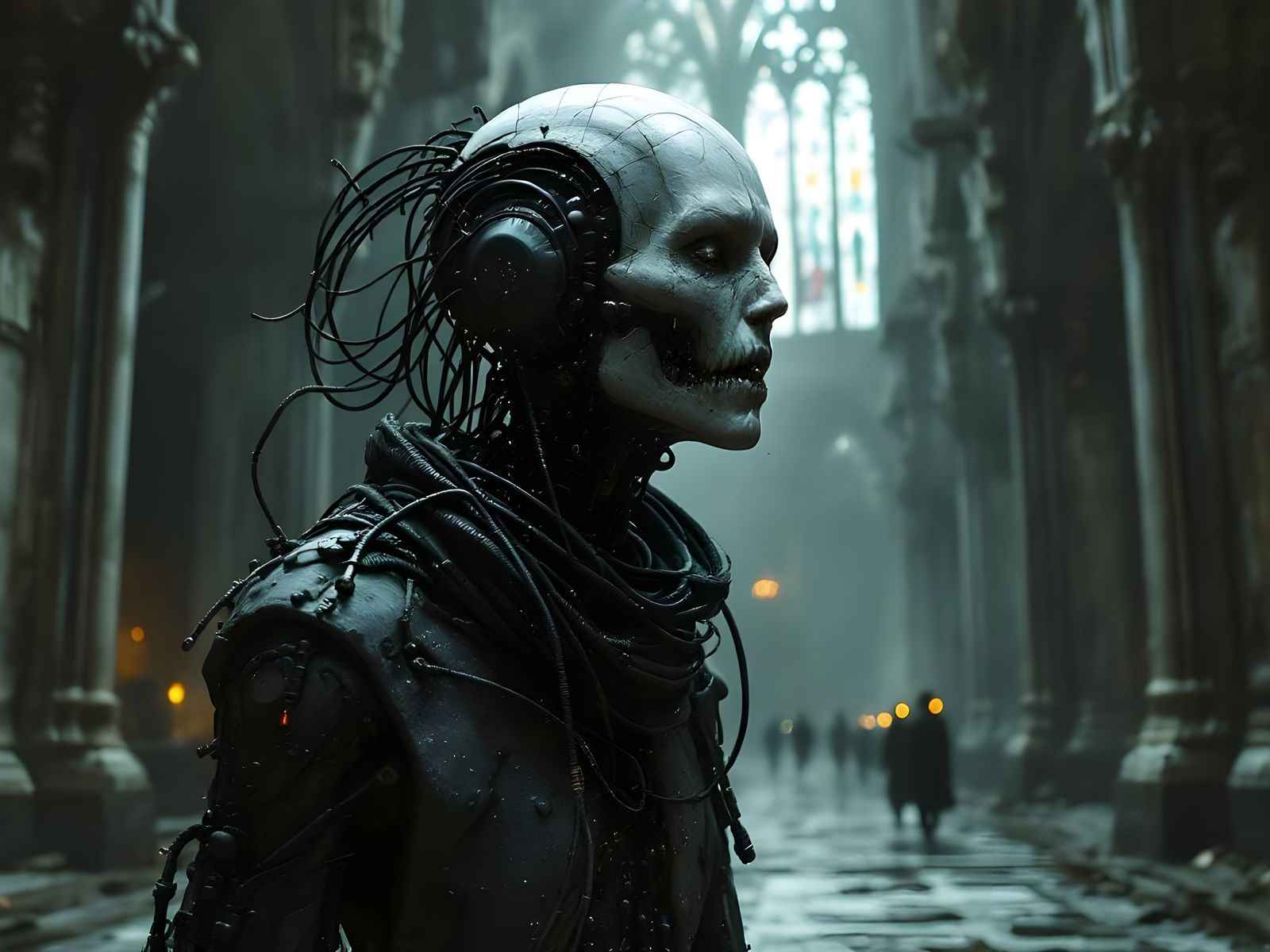 Biomechanical Vampire Weeping in Cathedral, Gothic Horror St...