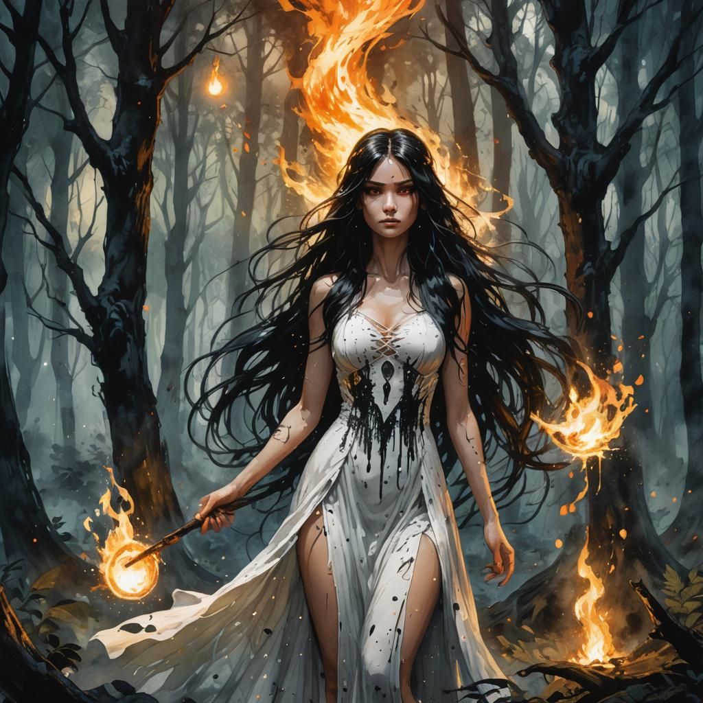 Fire Fairy in Dark Forest, Digital Art