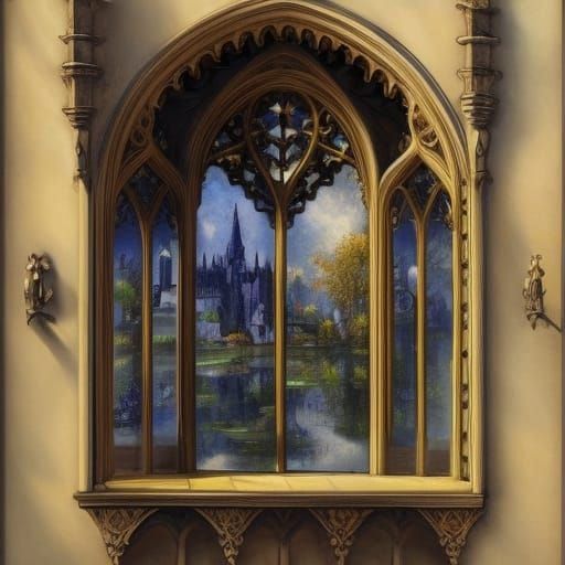 Gothic Castle Window Framed by Flowers, Art Nouveau