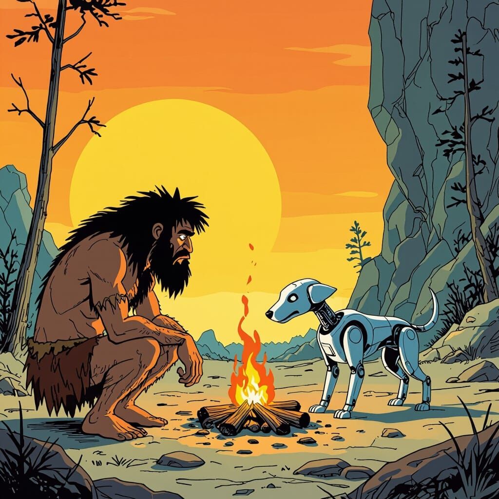 Caveman Warily Watches Robotic Dog by Fire