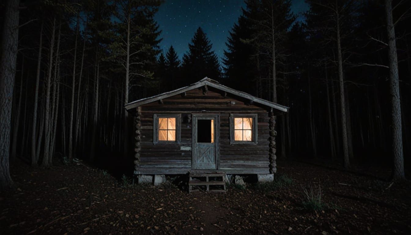 Man and Abandoned Cabin in Dark Woods